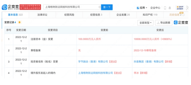 抖音集团旗下公司增资至1亿元-物流之家