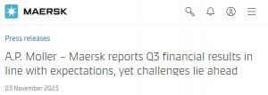 马士基2023年第三季度财报发布 营收121.3亿美元 同比下降4.4%-物流之家