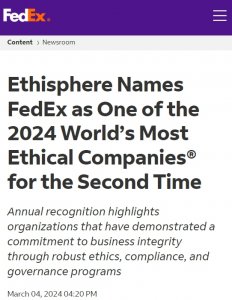 联邦快递获评2024年全球最具商业道德企业-物流之家