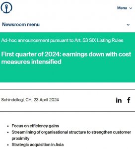 德迅2024年第一季度营收55亿瑞士法郎 同比下降3%-物流之家