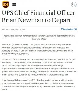 UPS首席财务官将于6月1日离职-物流之家