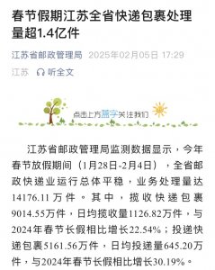 春节假期江苏省快递包裹处理量超1.4亿件-物流之家