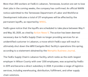联邦快递关停美国黎巴嫩市服务 裁减超200名员工-物流之家