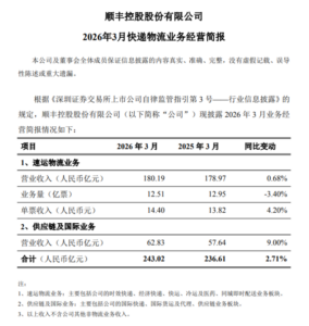 顺丰、申通、韵达、圆通发布2026年3月业绩-物流之家