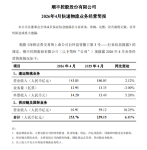 顺丰、申通、韵达、圆通发布2026年4月业绩快报-物流之家